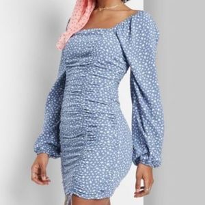 Women's Puff Long Sleeve Double Ruched Dress - Wild Fable™ Blue Floral L
